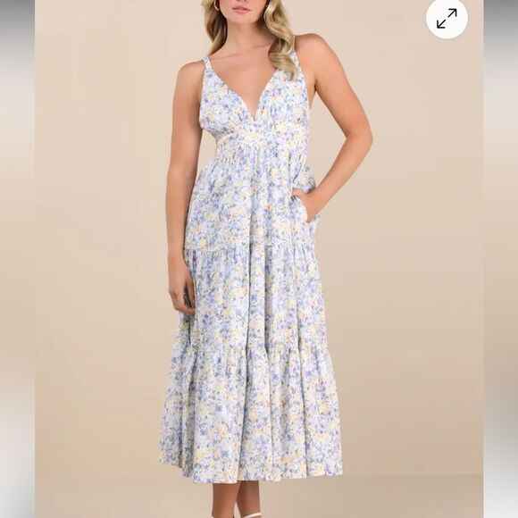Lulus Brightly Blossoming Light Blue Floral Tiered Midi Dress – Size Large - Picture 1 of 10